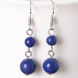 Lapis Lazuli Natural Stone Gemstone Round Beaded Healing Dangle Earrings